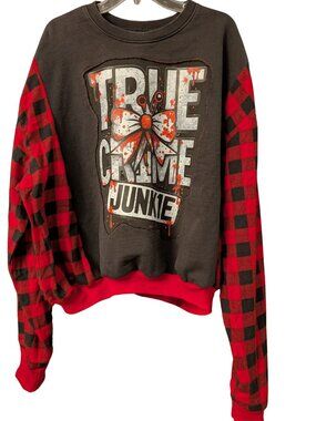 Upcycled True Crime Hoodie 🔪 Buffalo Plaid Sweatshirt XL